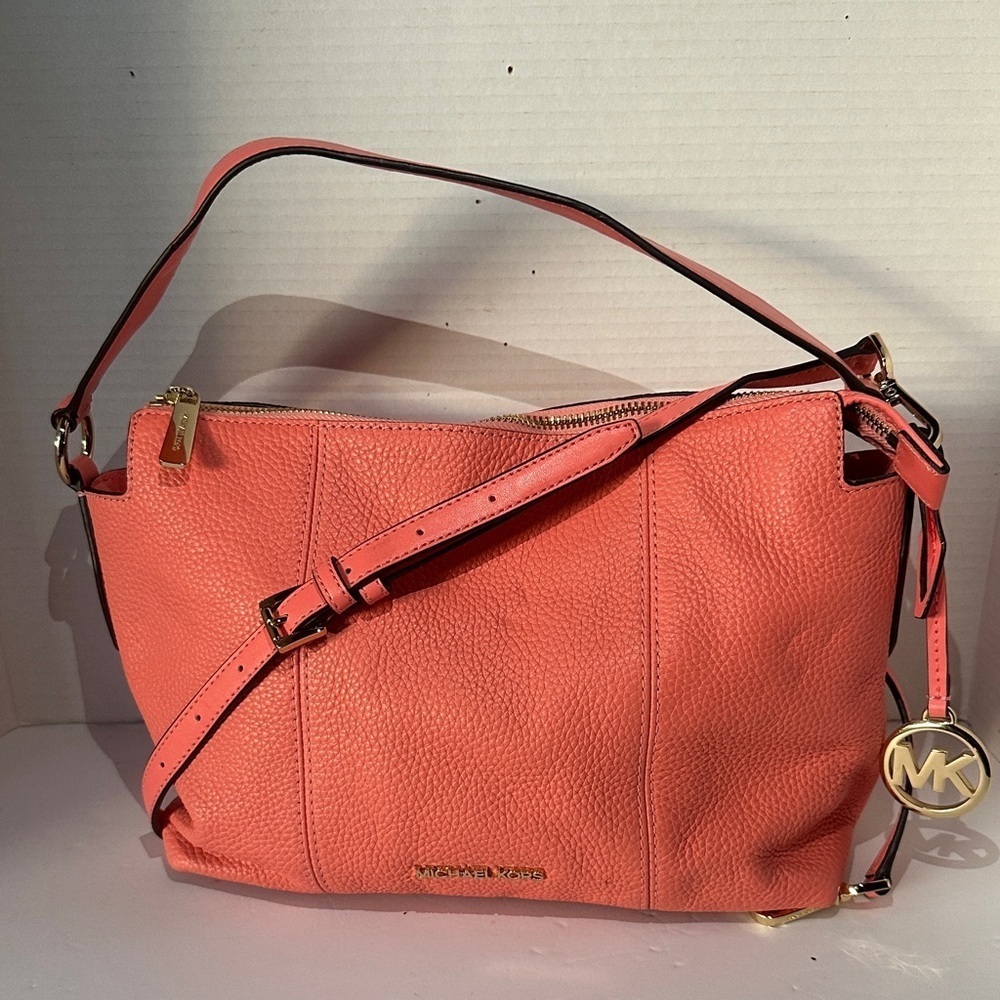 Michael Kors Brooke Medium Pebbled Leather Shoulder Crossbody Bag Grapefruit